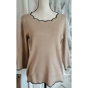 New Womens Large Rib Tan Sweater Pullover Black Scallop Hem 3/4 Sleeve